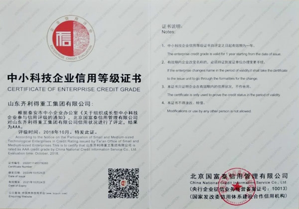 Small and medium technology enterprise credit rating certificate